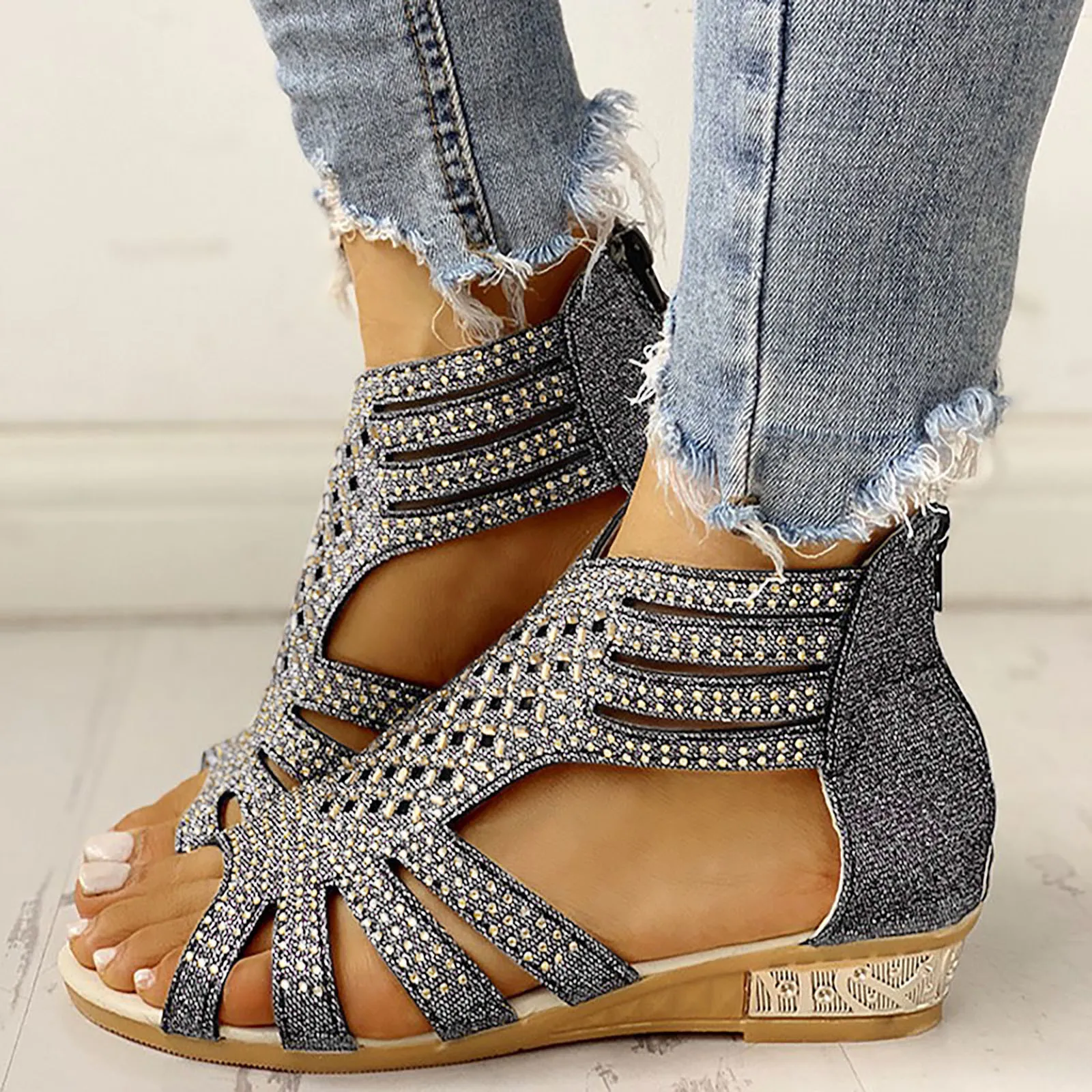 

Summer Women's Peep Toe Sandlas New Rome Rhinestones Heeled Shoes for Women Outdoor Casual Wedge Sandals Office Ladies Shoes