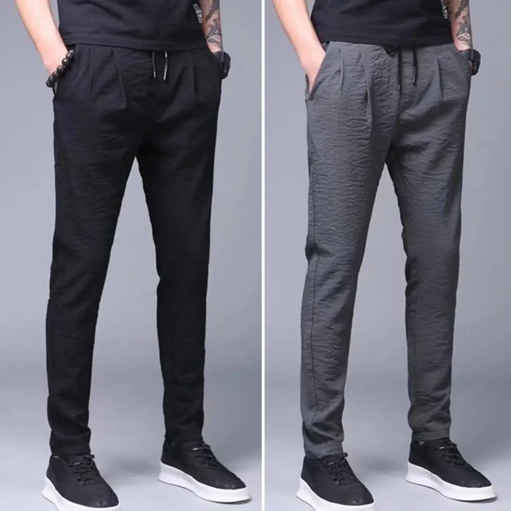 

Summer Men Leggings Solid Color Elastic Waist Drawstring Pockets Lace-up Straight Sweatpants Streetwear