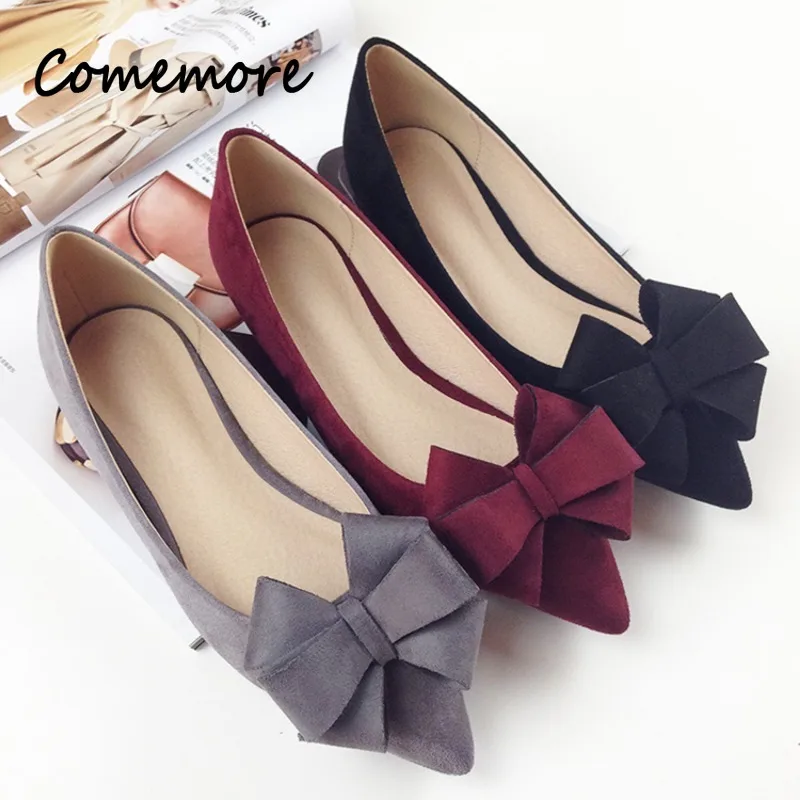 Comemore Women Wedding Shos Flock Leather Big Bowknot Solid Color Shallow Mouth Red 2023 Autumn New Bow Pointed Toe Flat Shoes