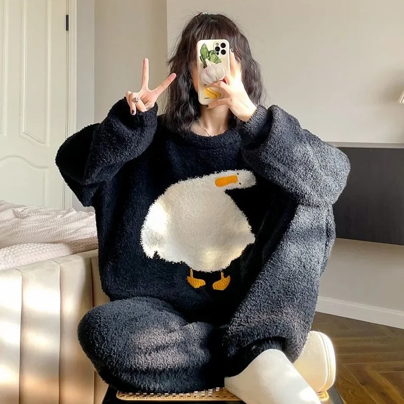 2025 New Cute Duck Pajama Set Women Autumn Winter Nightgown Round Neck Sleepwear Extra Big Thick Homewear Warm Loose Loungewear