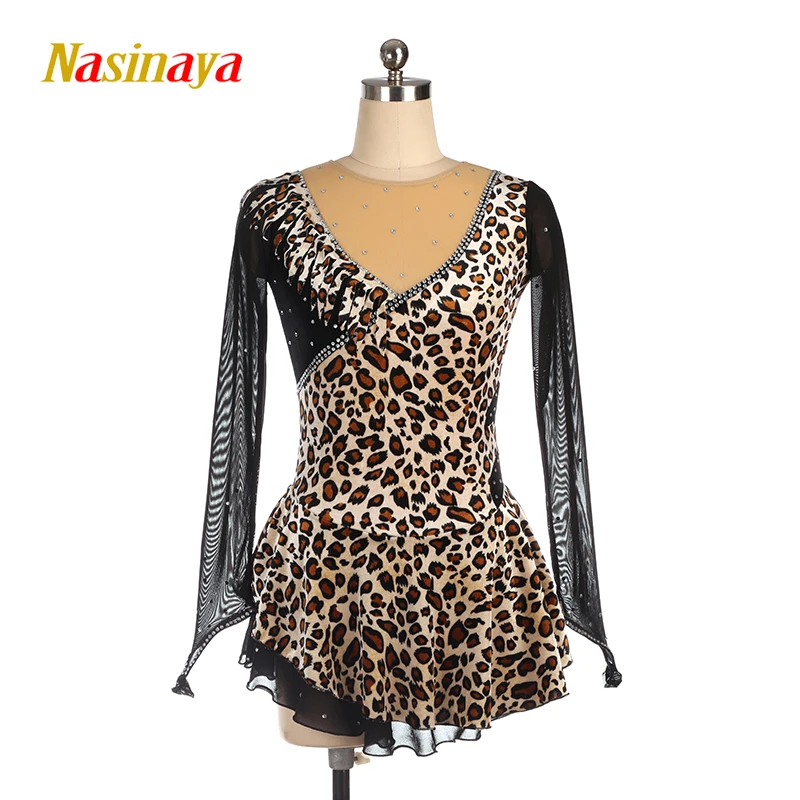 

Figure Skating Competition Dress Training Long Sleeve Ice Skating Leopard Printing Black Green Color Long Sleeves