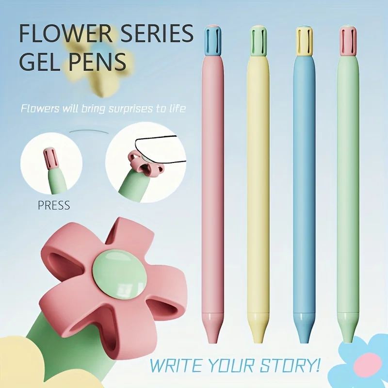 

4pcs Flower Click Pens - Stress Relief Transforming Blossom Design, Quick-Dry Black Ink for Office/School