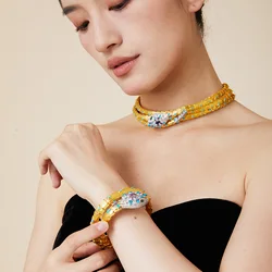 Custom Designer Collection Three Layer Bracelet Necklace Settings Colored Zircon Snake Serpent Dinner Party Choker Jewelry Sets