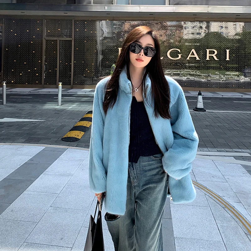 Winter imitation mink coat, women's velvet fur coat, Korean version loose standing neck long sleeved warm imitation mink coat