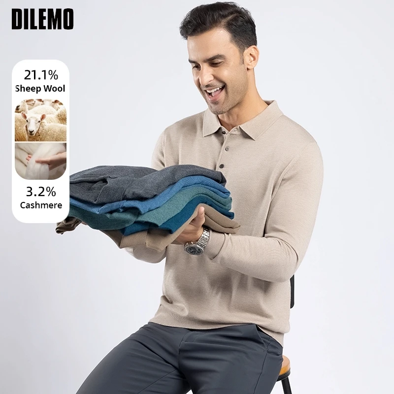 

High End Wool Cashmere Blend Men Polo Shirt Designer Fashion New Brand Business Casual Solid Color Tops Long Sleeve Tops