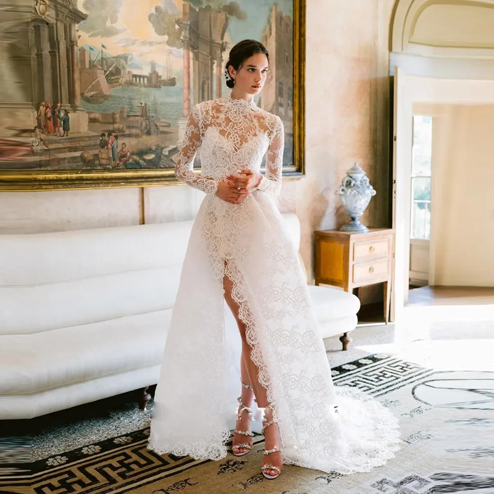 

Customized 2026 New Fashionable Classic White A-Line Decal Wedding Dress With High Waist And Slit Sexy Ballroom Bride Dress