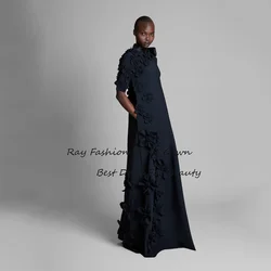 Ray Fashion A Line Evening Dress High Neck Half Sleeves With Handmade Flowers For Women Formal Occasion Gown فساتين سهرة