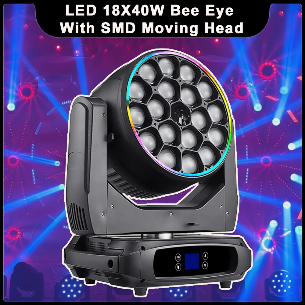 

Лазерная Подвижная головка YUER светодиодный 18X40W RGBW Bee Eye RGB с SMD DMX512 для дискотеки, освещение для сценического эффекта диджея 52/76/148CH