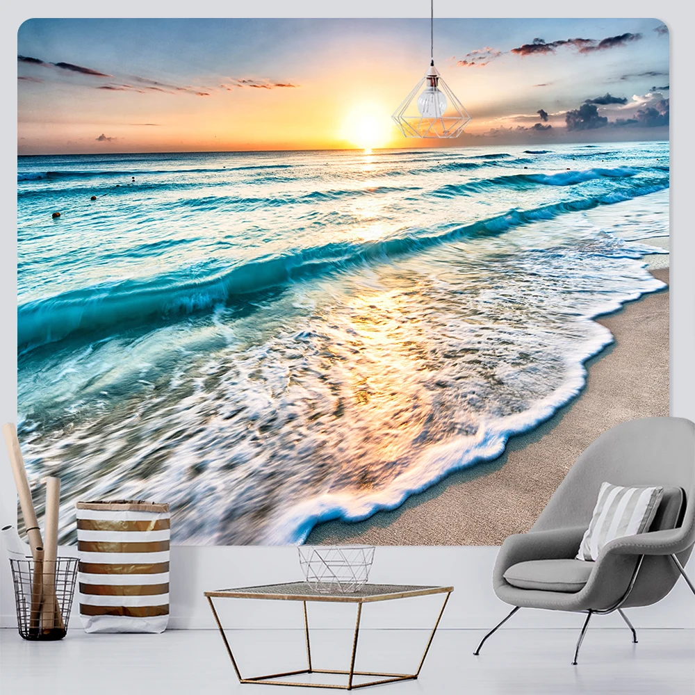 Home Decor Seaside Sunrise Art Print Tapestry Hippie Boho Psychedelic Scene Wall   for Bedroom Living Room