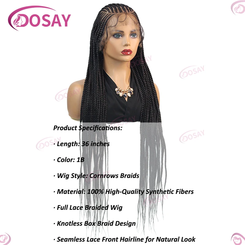 Trenzas sintéticas de Cornrow, pelucas de encaje para mujeres, caja sin nudos, pelucas trenzadas de encaje completo para mujeres negras, peluca de encaje trenzada africana