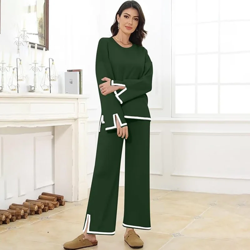 Autumn Winter 2 Pieces Women Sets Knitted Tracksuit O-neck Tops and Wide-leg Trousers Casual Lady Solid Pants Suits