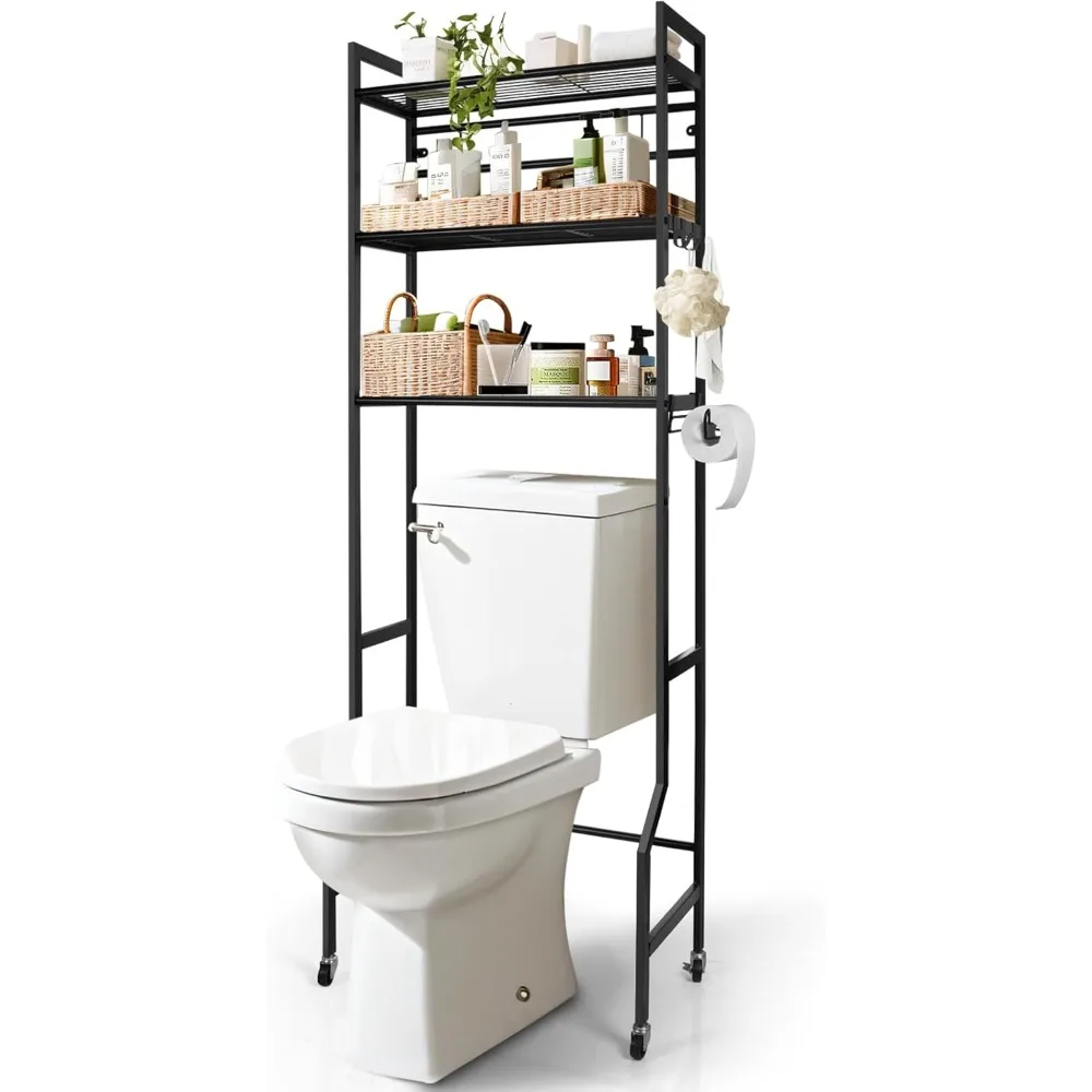 

3-Tier Metal Bathroom Organizer Shelf, Over The Toilet Storage,with Universal Wheels Toilet Paper 2 Holder Hooks,Simple Morden