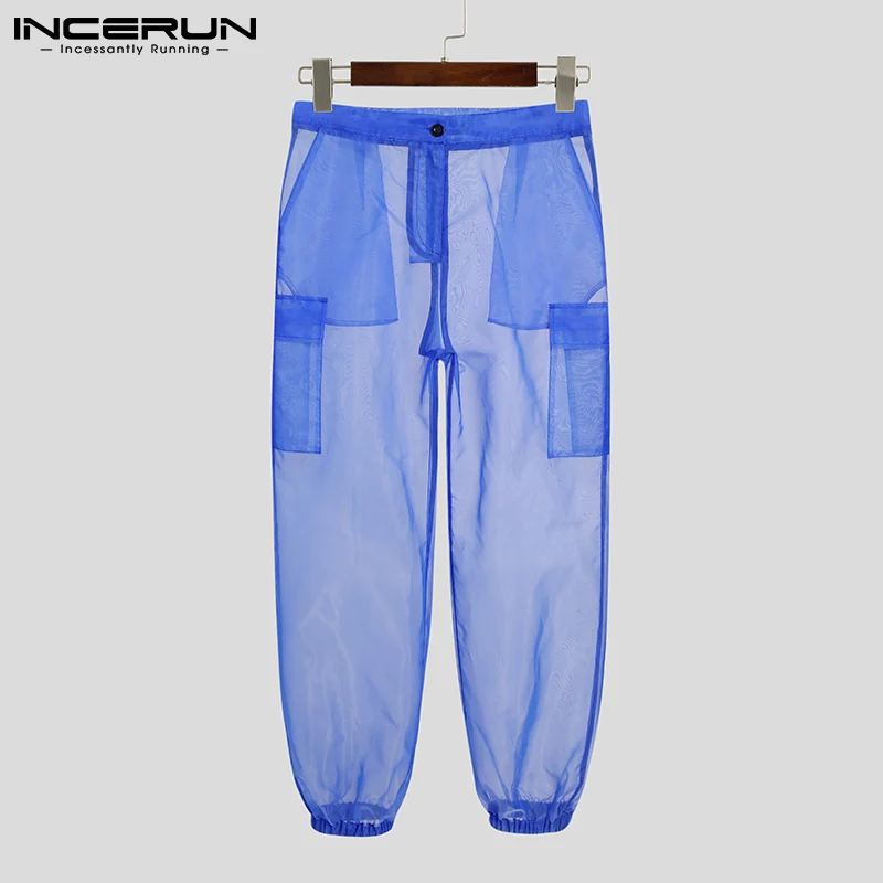 INCERUN Men Pants Mesh Button Solid Color 2024 Sexy Vacation See Through Breathable Casual Trousers Pockets Pantalones Hombre