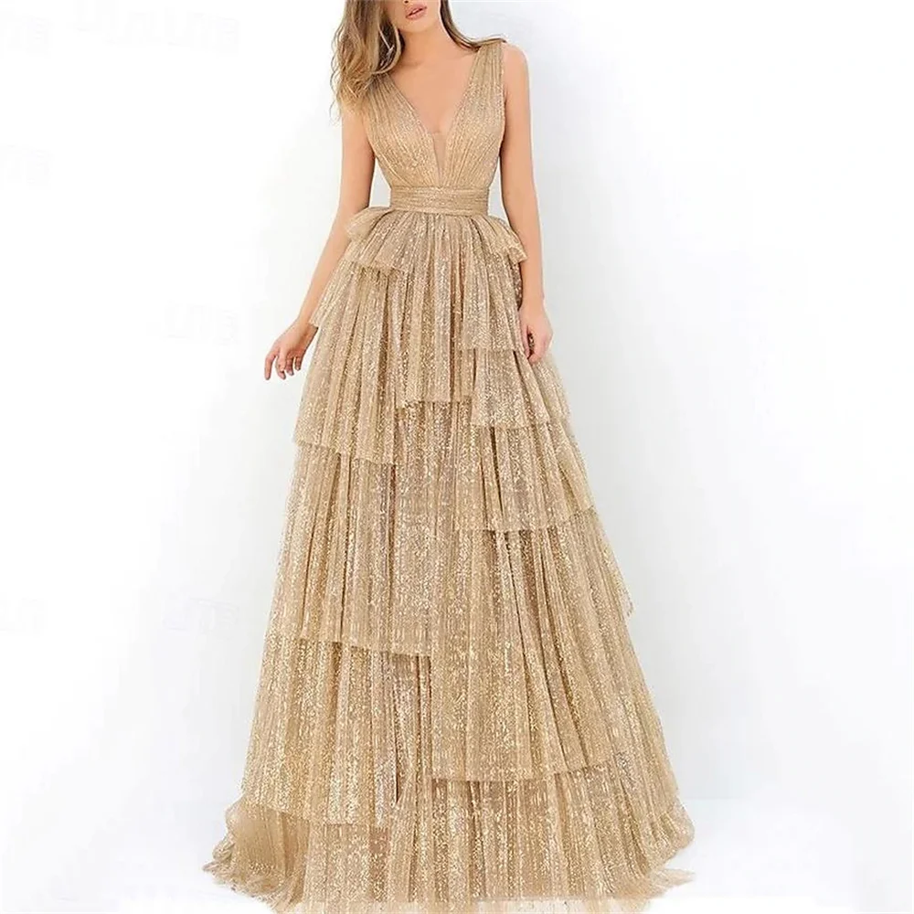 Robe de Rhscintillante élégante, robe de mariée princesse à plusieurs niveaux, longueur au sol formelle, col en fibre V, tulle froncé