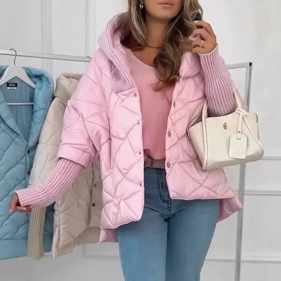 

2026 Autumn Winter New Womens Cotton Jacket Fashion Elegant Casual Diamond Quilted Hooded Loose Warm Coat
