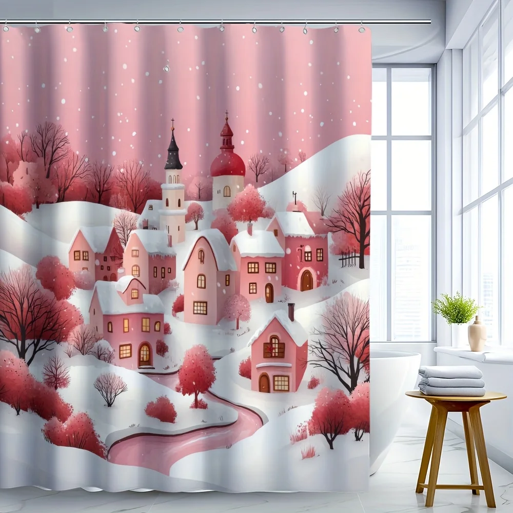 

"Whimsical Pink Winter Village Shower Curtain - Snowy Houses, Fairy Tale Town & Cozy Holiday Art for Bathroom Decor"