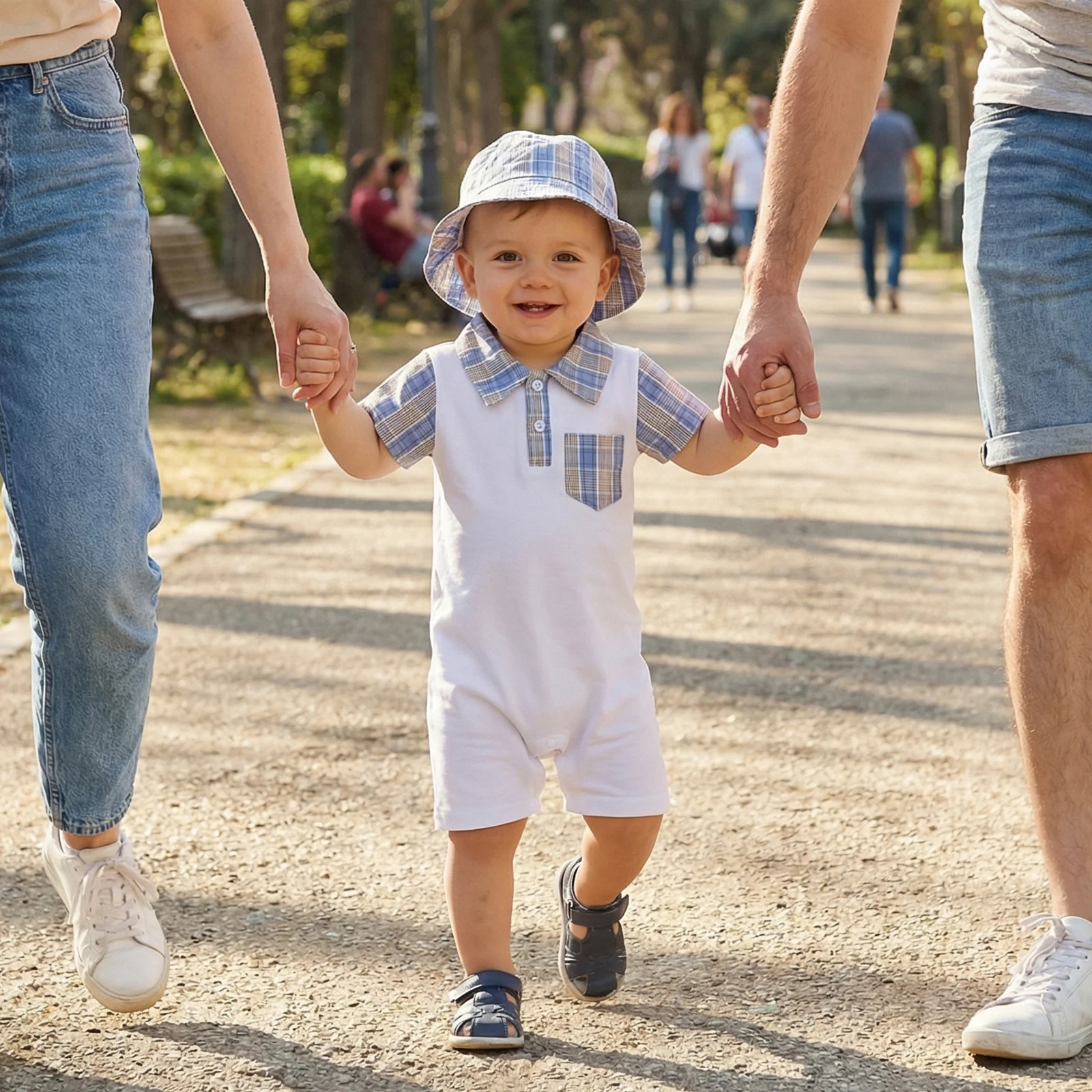 Baby Boy Summer Jumpsuits Outfit Plaid Half Button-up Collared Short Sleeve Romper and Sun Hat 2 Piece Set