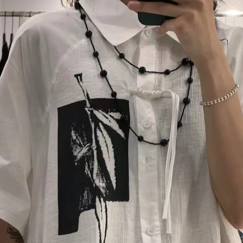 HKSH 2026 Spring Summer New Women Shirt Short Sleeves Single Breasted Asymmetric Design Printed Chinese Style Blouse Top HK18859