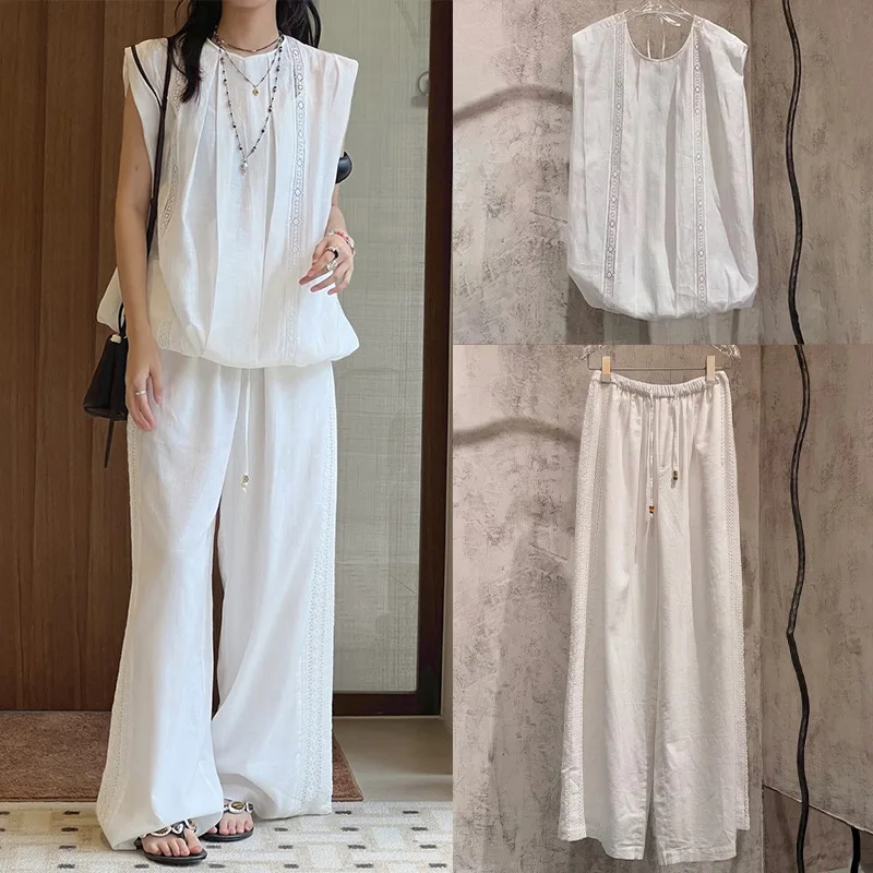 

Withered 2026 Summer White Sleeveless Lace Trim Waist Cinching Loose Top Pants Woman Clothes Pant Sets New Two Piece Set Women's