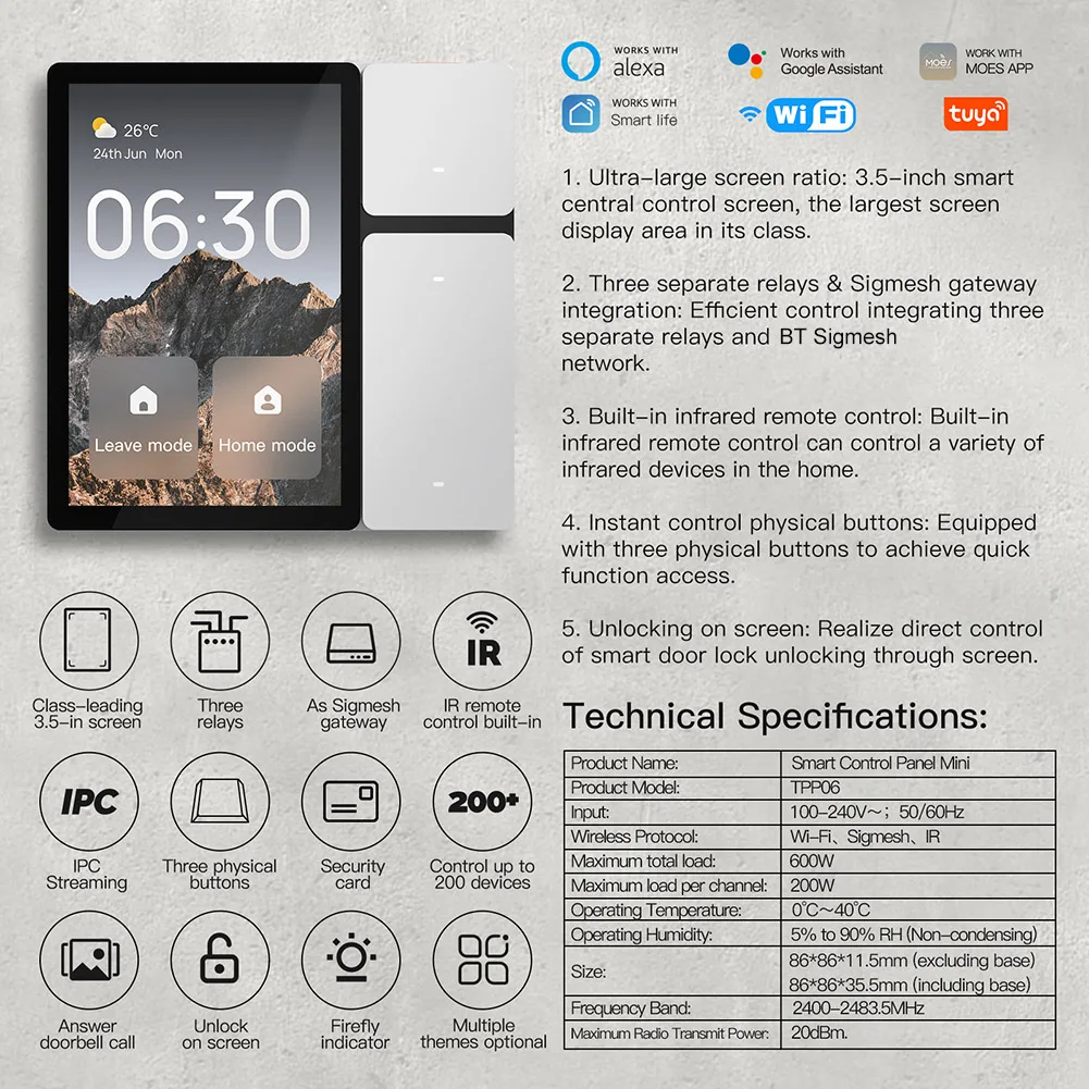 WiFi for Tuya- Multi-functional Touch Screen Control Panel 3.5 Inch Central Controller IR Remote Control for Intelligent Scenes