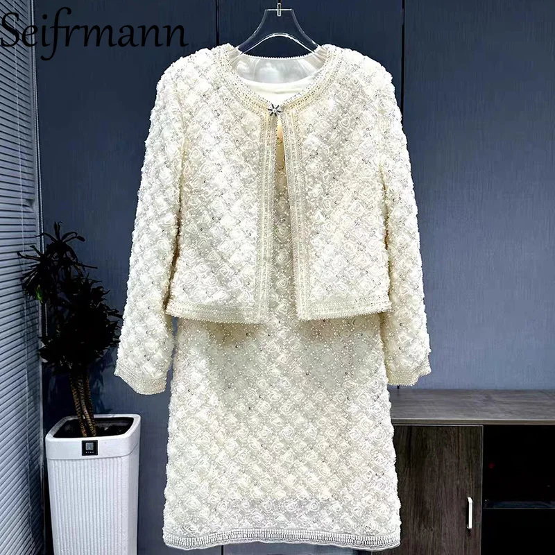 Seifrmann Einfarbiges weißes ärmelloses Westenkleid + langärmelige Rundhalsjacke zum Pendeln, Damenmode-Anzug