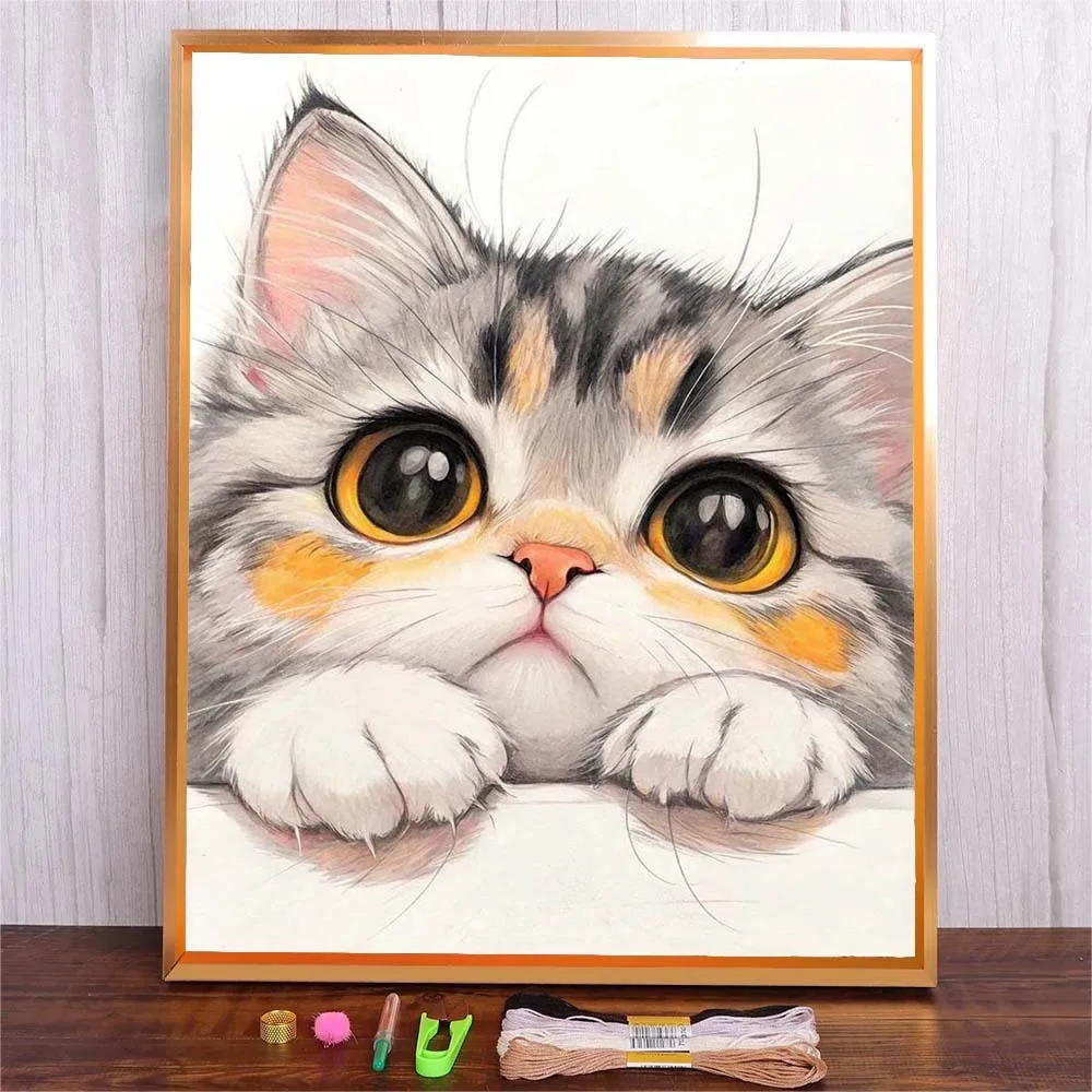 

Cartoon Cat Wall Art Home Decoration Cotton Thread Embroidery Kit With Cloth Full Printed Canvas Needle DIY Cross Stitch Kits
