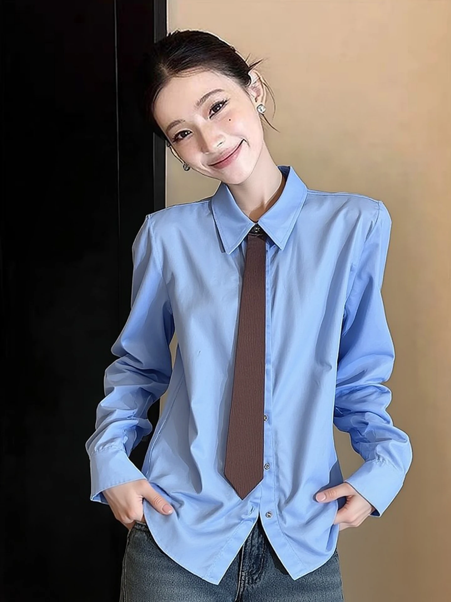 

Элегантная синяя блузка с длинным рукавом, свободного кроя, весенняя, модная, омолаживающая, легкая, роскошная, женская, премиум-качества