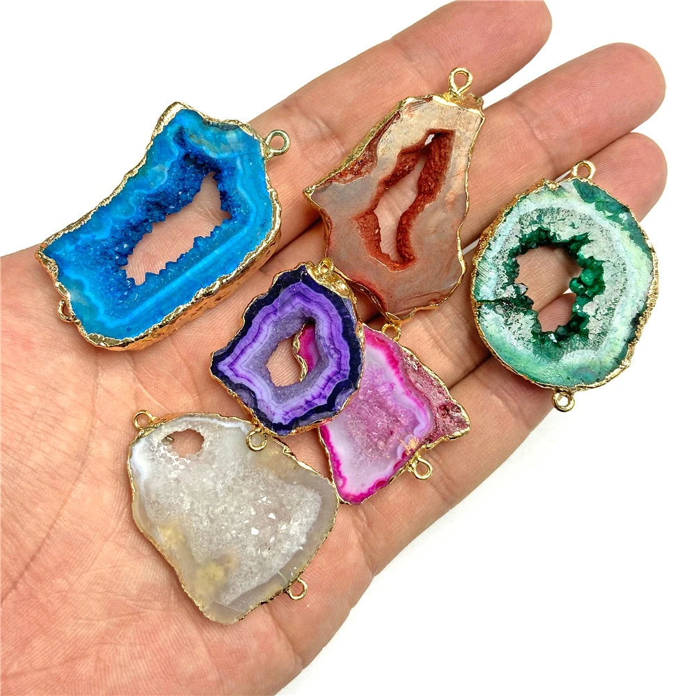 2Pcs/Lot Irregular Natural Druzy Pendants Fashion Slice Agates Pendant Double Holes Connector Charms for Jewelry Making DIY