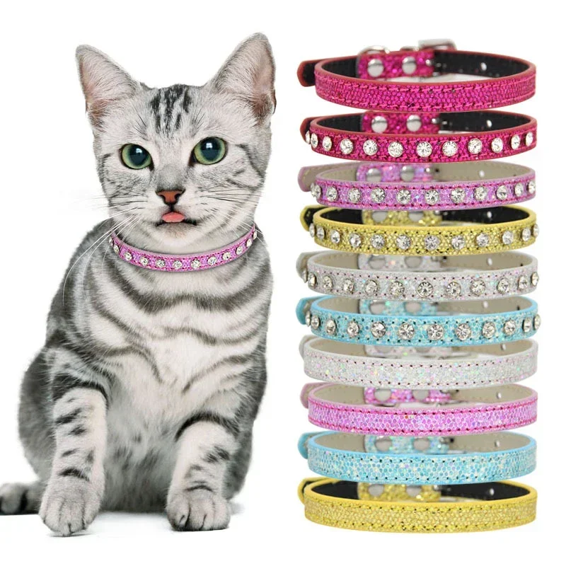 Super Shining Diamond Rhinestone Cat Collar Puppy Baby Dog Cat Collar Leather Strap Kitten Accessories Adjustable Cat Necklace