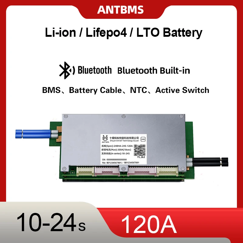Smart BMS ANT 10S-24S 50A 120A 220A Battery Balance Protection Board With TB APP UART 48V 60V 72V Li-Ion LiFePo4 LTO for E-Bike