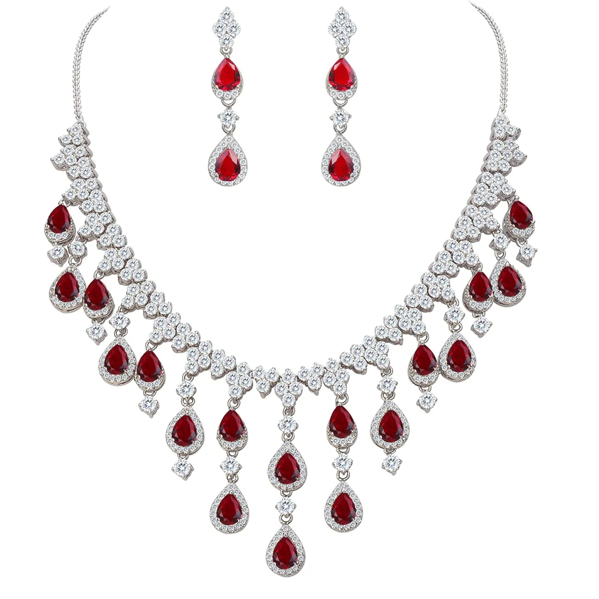 

Red Pearl Necklace Set 925 Silver Diamond Charm Jewelry