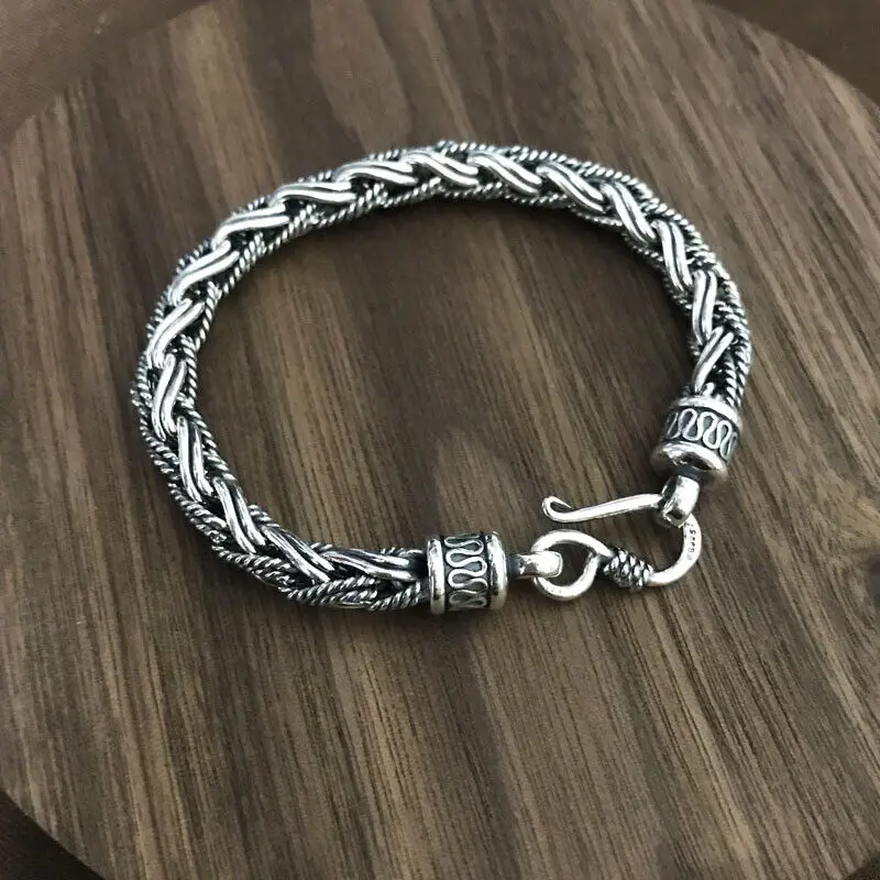 Real 925 Sterling Silver 6mm Unique Wheat Link Men's Bracelet 7.87inch