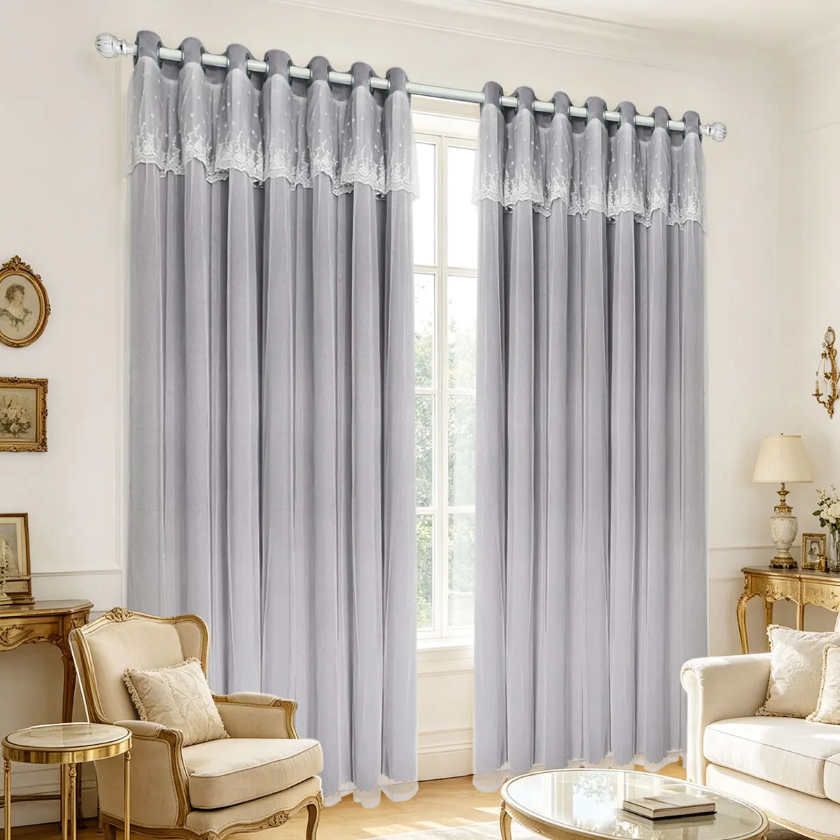 Light Gray Double Layer Lace Grommet Curtains, Sheer Light Filter Drapes for Minimalist French Neutral Bedroom Home Decor