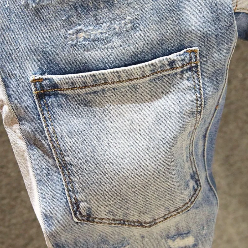 European Jean Men Embroidery Patchwork Ripped Jeans Trend Brand Motorcycle Pant Mens Skinny Jeans pantalones hombre streetwear