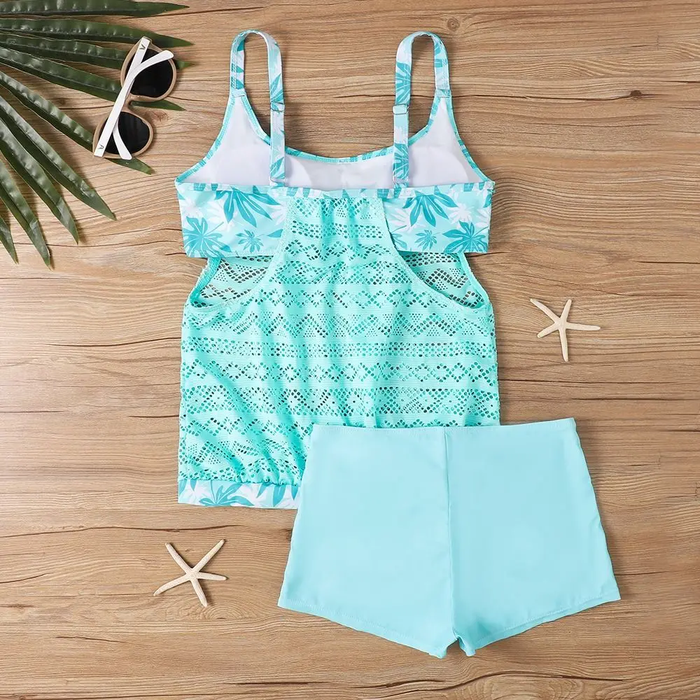 ดอกไม้หวานชุดว่ายน้ําแขนกุด PLUS ขนาด Hollow OUT 2 ชิ้นชุดว่ายน้ํา Beachwear Camisole กางเกงขาสั้นสระว่ายน้ํา