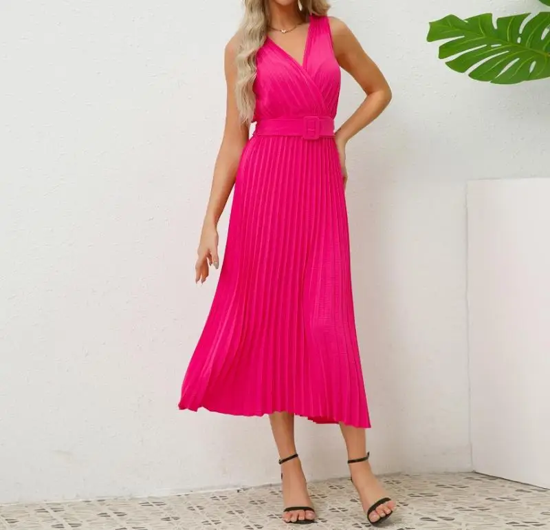 

Casual Women's Dresses Summer Casual Sleeveless V-Neck High Waisted Waistband Vest Pleated Skirt Slim Fit Temperament Midi Dress