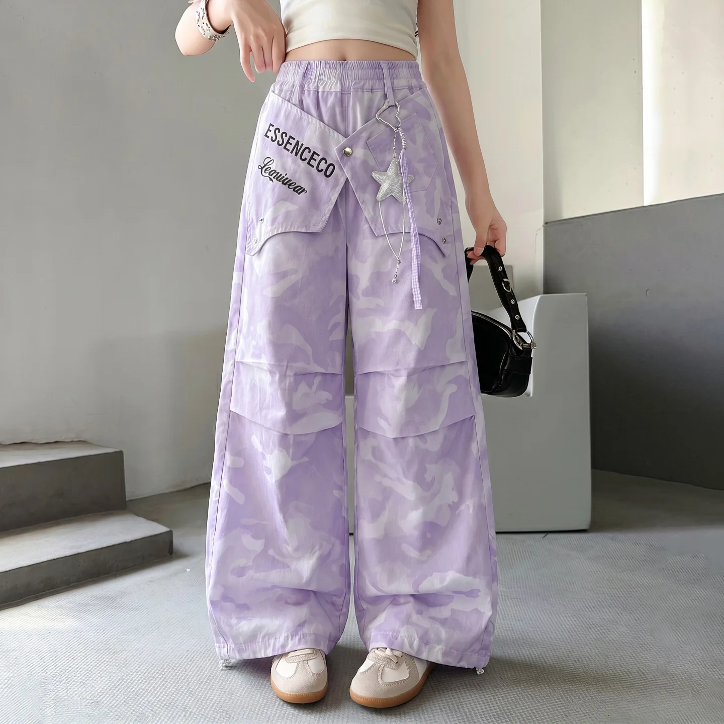 Teens Girls Tie-Dye Print Design Purple Camouflage Casual Loose Pants School Children Trousers for Summer Kids Korea Sweatpants
