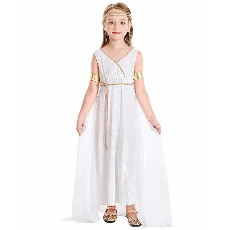 Fato de deusa grega antiga Athena para adultos e crianças, Toga grega romana, vestido Purim de Halloween para mulheres e meninas