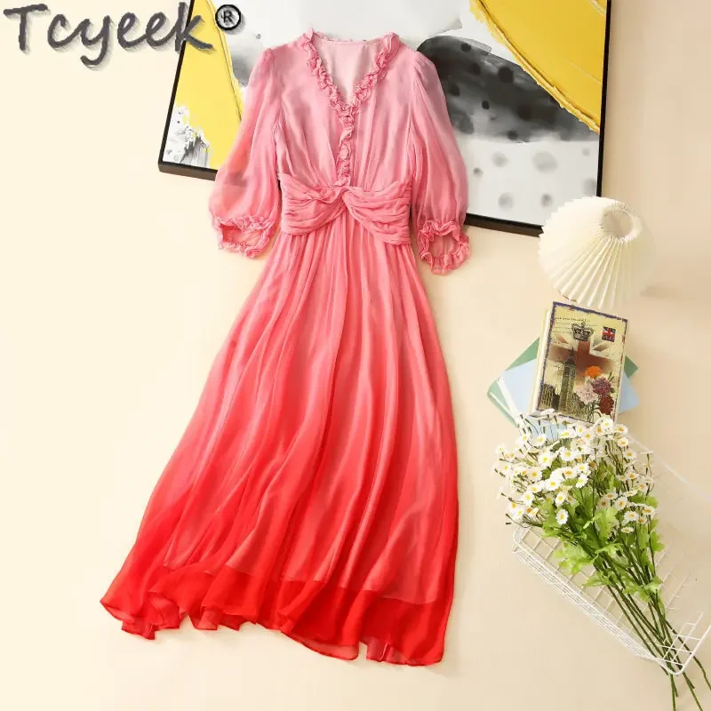 Tcyeek Elegant and Pretty Women's Dresses 100% Real Mulberry Silk Sweet Dress Lady Clothes Summer Long Beach Dress Vestido Mujer