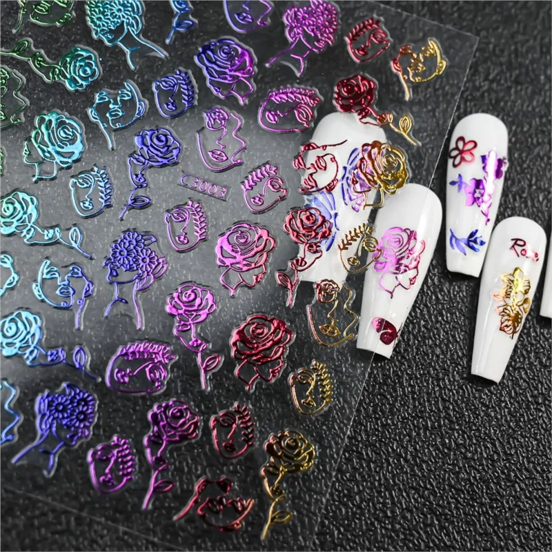 6Pcs/set Hot Stamping Rose Butterfly Nail Stickers Luminous Effect Colorful Gradual Nail Art Decals Laser Line Manicure Decorati