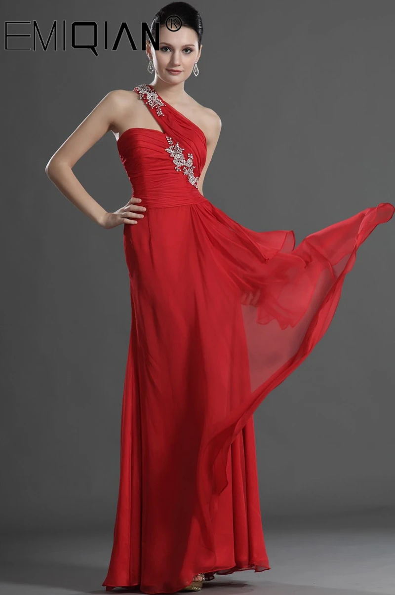 

New Arrival Stylish One Shoulder Red Chiffon Evening Gowns Floor Length Beaded Evening Dress