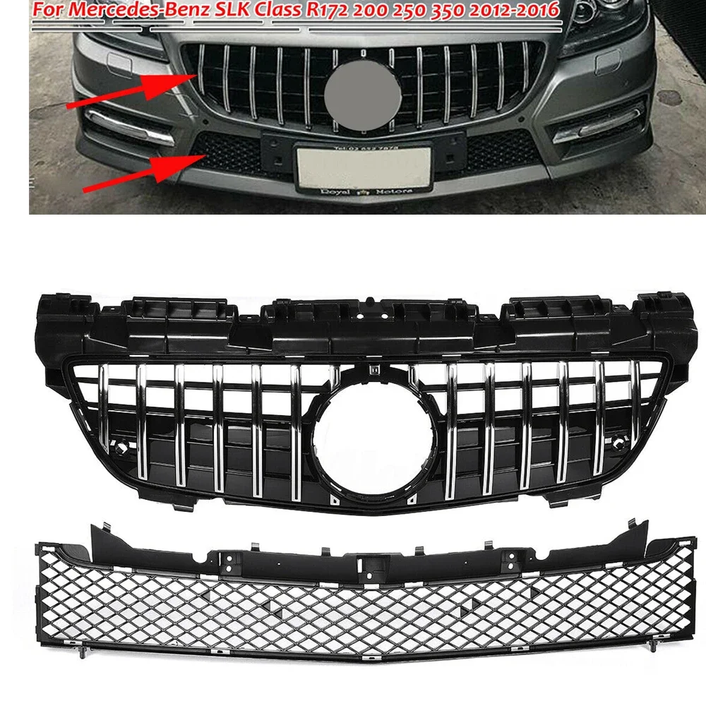 

New！ Front Grille For Mercedes Benz SLK R172 SLK200 SLK250 SLK350 2012-2016 GT Style Silver/Black Bumper Hood Mesh Upper+Lower G