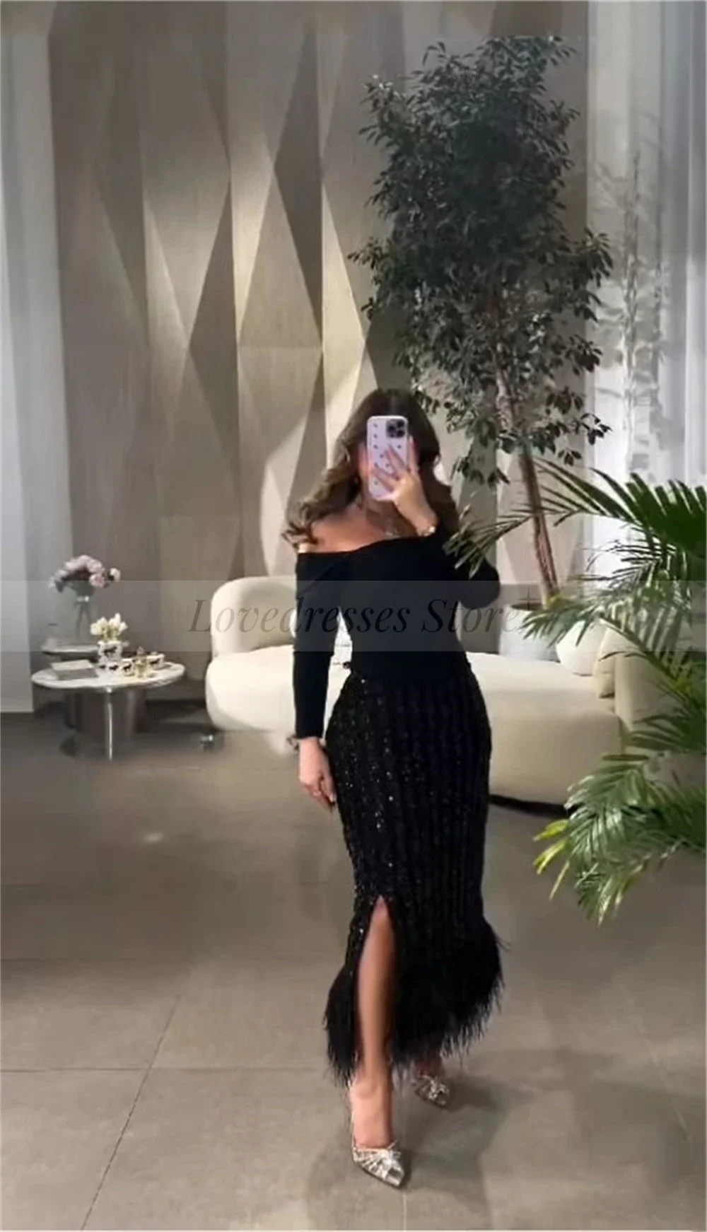 Customized Off Shoulder Lace Straight Evening Dress Long Sleeve Feathers Patchwork Ankle-Leng Side Split Prom Gown فساتين الحفل