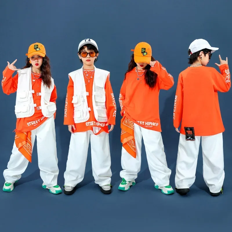 Kids Street Dance Hip Hop Clothing White Vest Orange Sweatshirt Baggy Pants Girl Boy Drum Jazz Performance Outfit Stage Costume