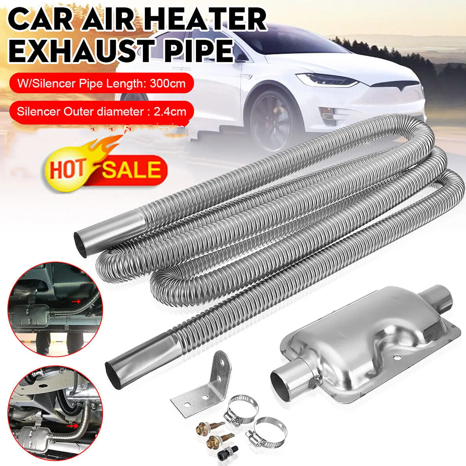 

300cm Stainless Exhaust Muffler Silencer Clamps Bracket Gas Vent Hose Pipe Silence Kit For Car Air Diesels Heater Kit