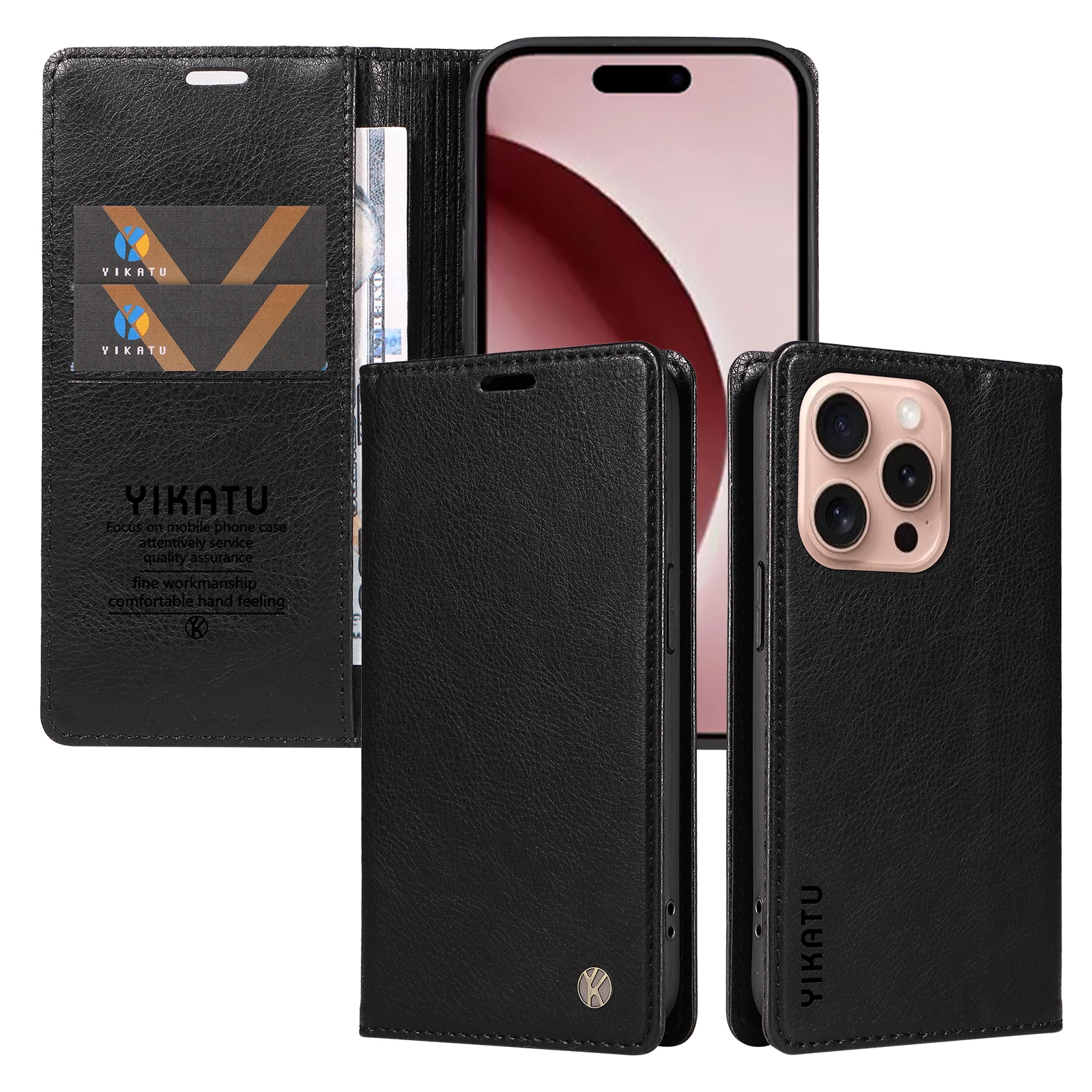 

YIKAYU Mobile Leather Pocket Cover Skin Stand Card Holder Wallet Phone Case For iPhone X XS XR 11 12 13 14 15 Plus 16 Pro Max
