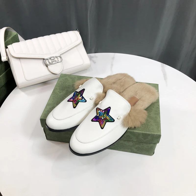 Embroider Bear Cartoon Soft Casual Real Fur Mullers Sandals New Slipper Women leather Flat Backless Loafers Ladies Outdoor shoes