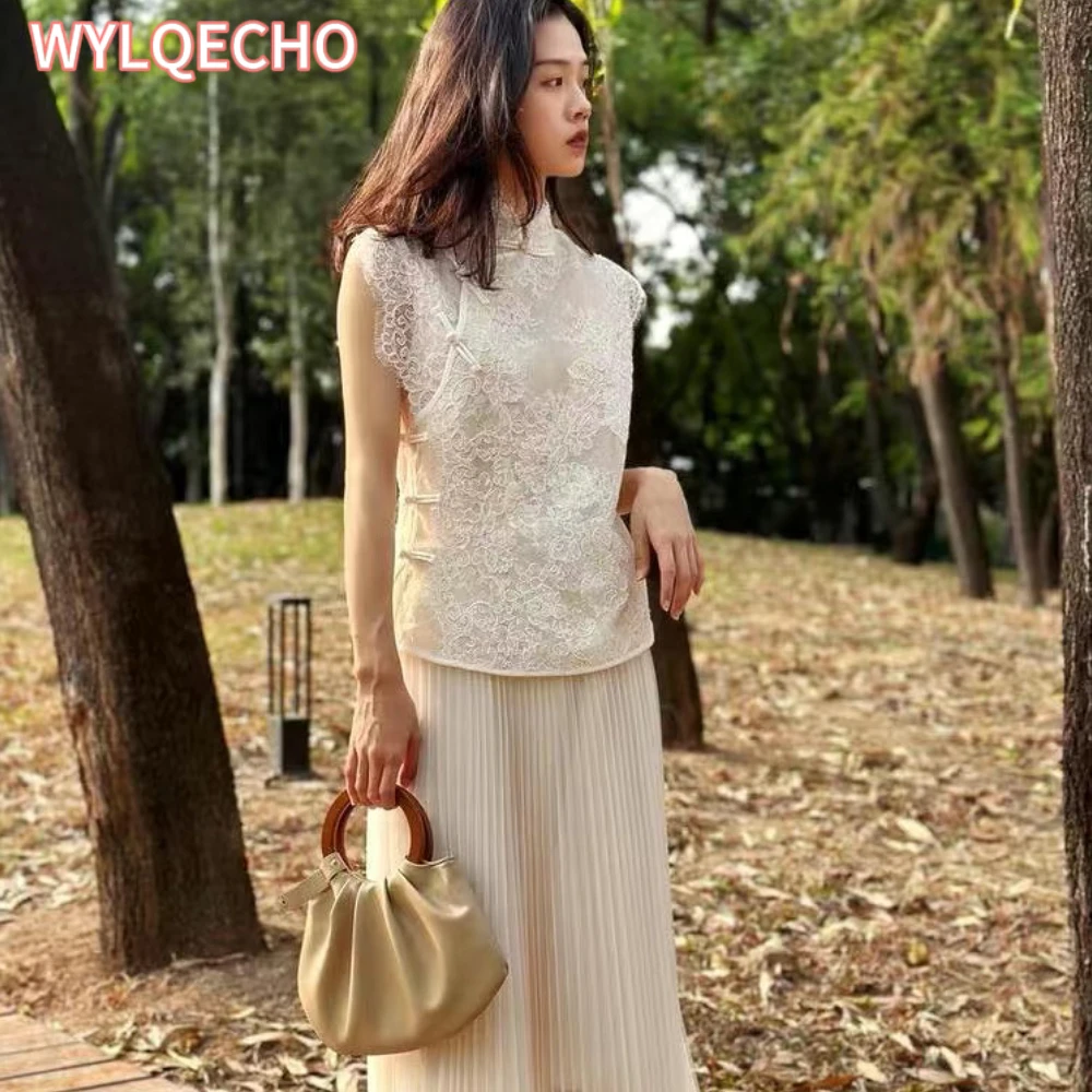 2023 summer new vintage embroidery top lace chinese style plate buckle standing collar sleeveless top for women qipao blouse