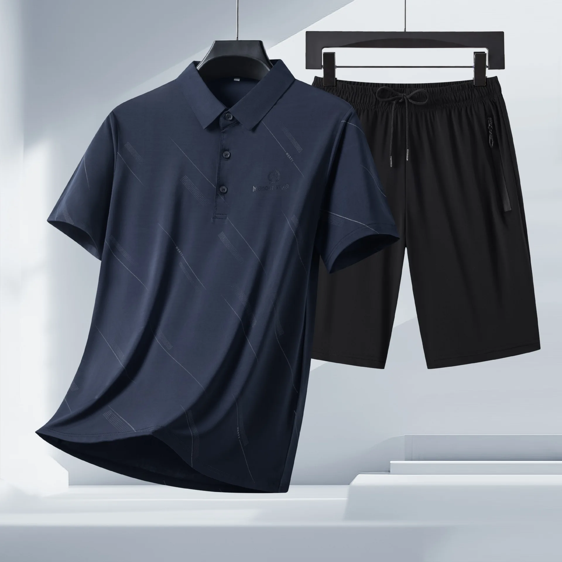 2025 new summer ice silk lapel polo shirt men's short-sleeved T-shirt shorts suit summer cool quick-drying business