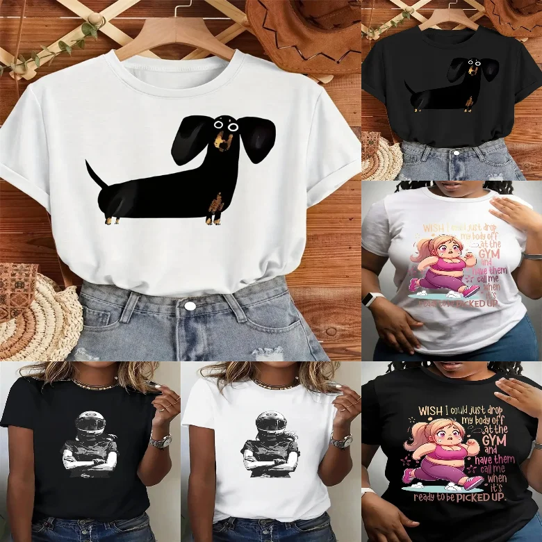 Camiseta de manga corta con estampado de perro salchicha de dibujos animados para parejas, Top Retro informal y versátil holgado de moda urbana de verano